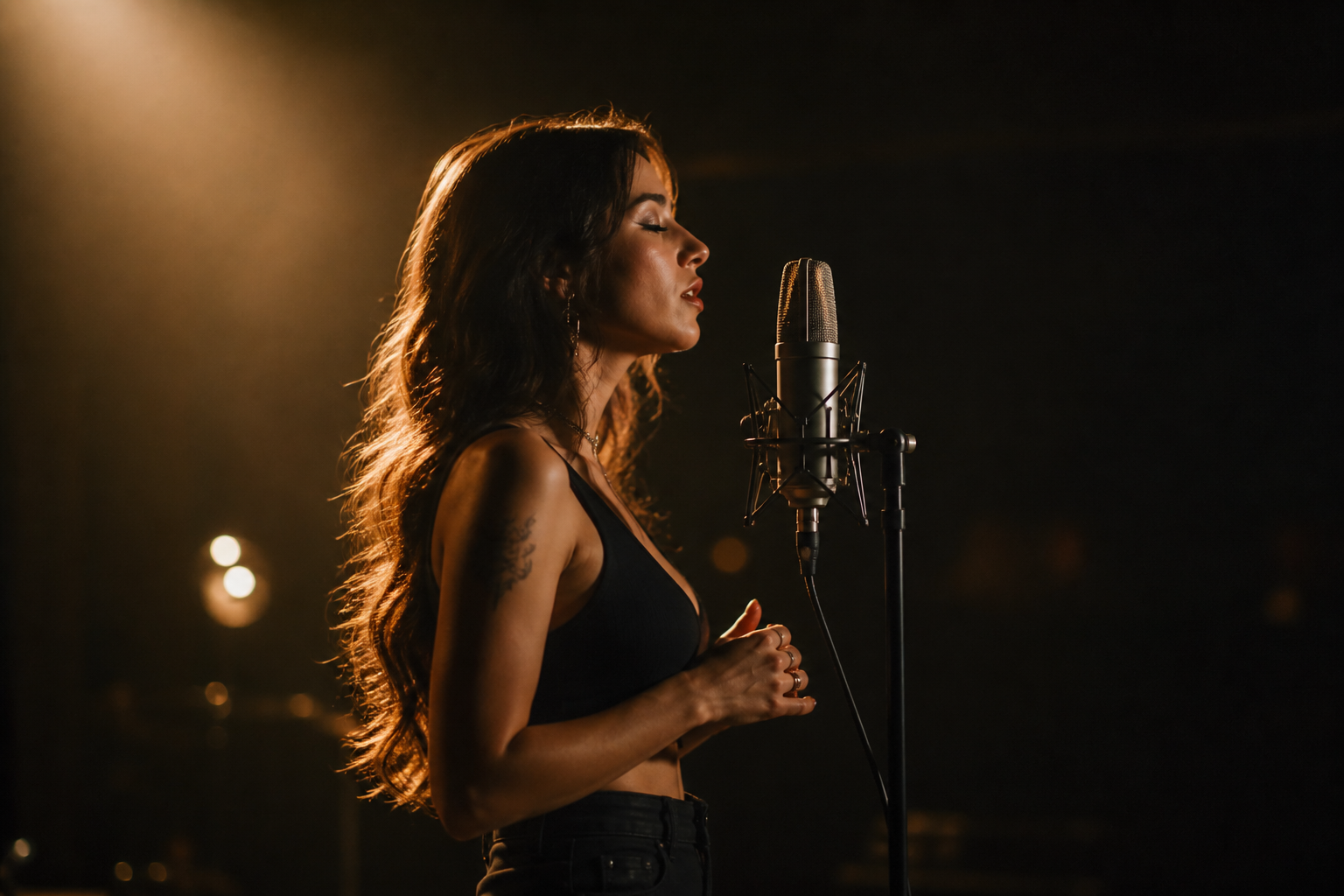 Singer performing into a studio microphone